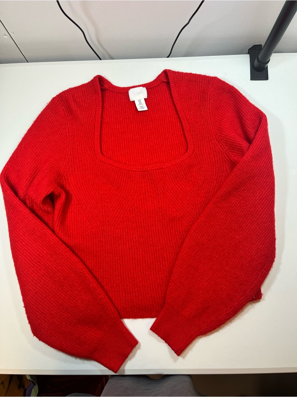 H&M Red Ribbed Square Neck Sweater Balloon Sleeve Knit Top
